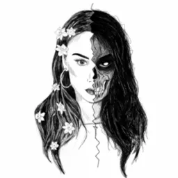 Czarno-biały rysunek cyfrowy kobiety z kwiatami we włosach, której połowa twarzy jest przedstawiona jako czaszka. Rysunek wykonany w stylu szkicu.