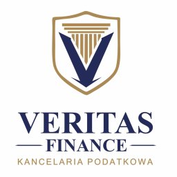 ZborowskaArt - Logo firmy Veritas Finance: granatowy symbol w złotej tarczy, nazwa firmy i dopisek 'Kancelaria Podatkowa' w kolorach granatu i złota na białym tle.