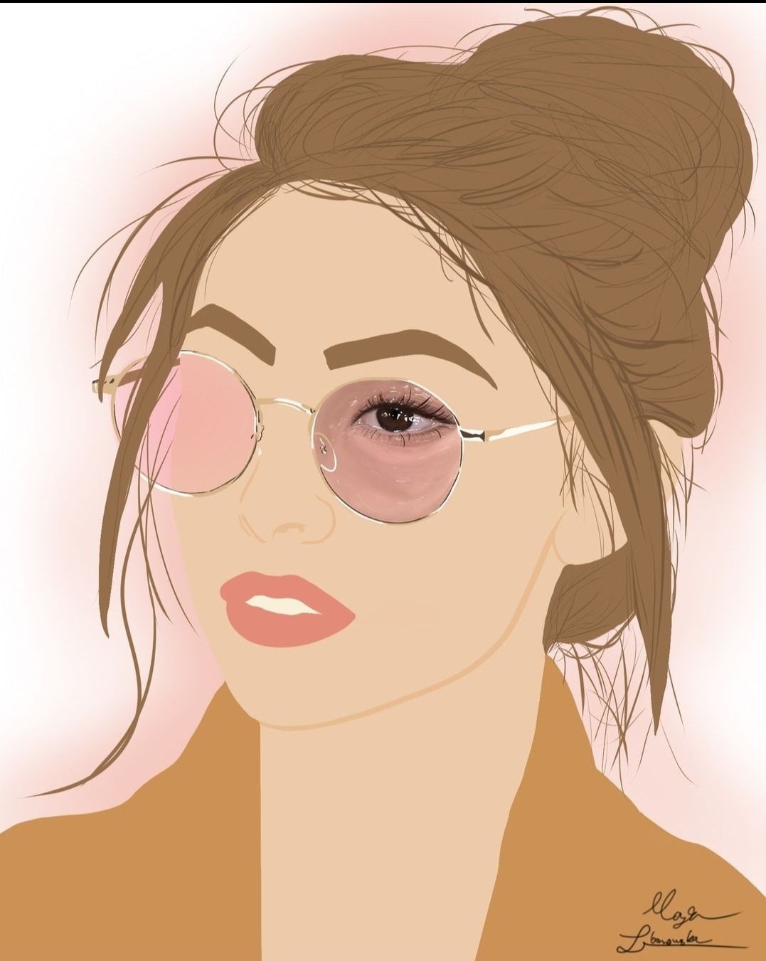 Ilustracja portretowa kobiety w okularach z różowymi szkłami, brązowe włosy upięte w kok, na delikatnym różowym tle, w stylu grafiki wektorowej.