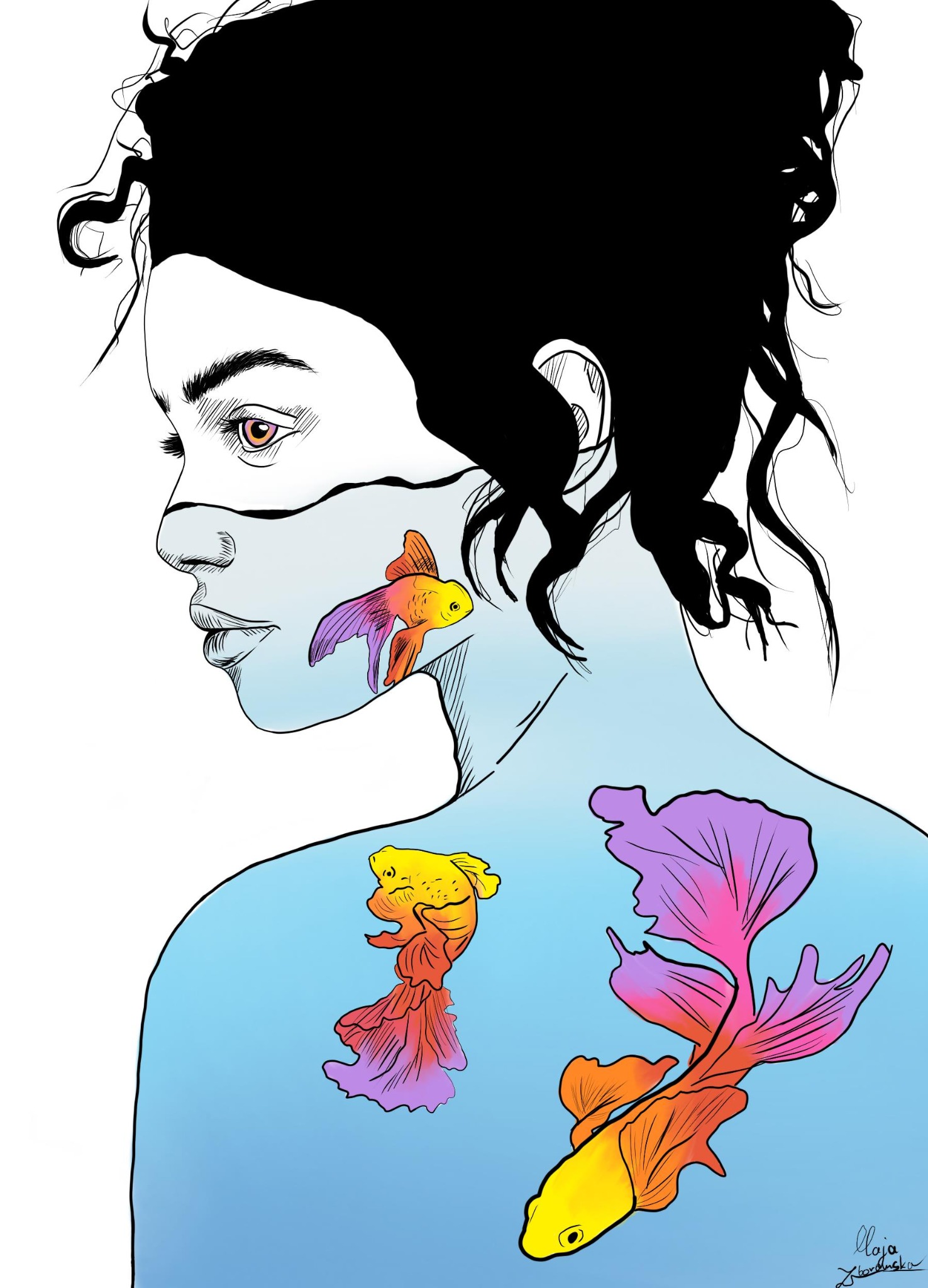 Ilustracja: Profil kobiety z czarnymi włosami, na której ciele zamiast skóry widać wodę z pływającymi, kolorowymi rybkami. Delikatna kreska, subtelne kolory.