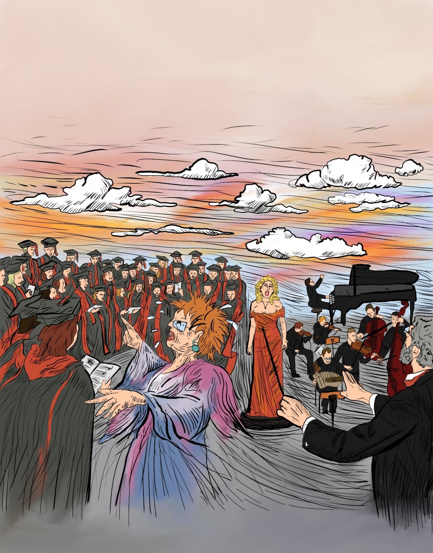 Ilustracja przedstawia dyrygentkę prowadzącą orkiestrę i chór podczas uroczystości akademickiej na tle malowniczego nieba o zachodzie słońca. Kolorowa grafika.