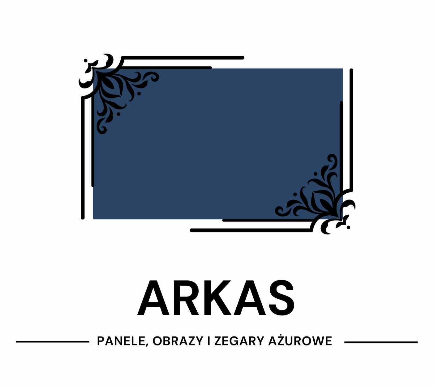Logo firmy ARKAS prezentujące panele, obrazy i zegary ażurowe. Granatowy prostokąt z ozdobnymi, czarnymi narożnikami, otoczony czarną ramką. Nazwa firmy dużymi, czarnymi literami.