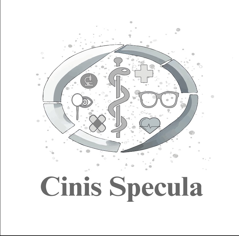 Ilustracja logo 'Cinis Specula' z motywami medycznymi: laska Eskulapa, mikroskop, okulary, serce i krzyż, otoczona abstrakcyjnym, szarym okręgiem. Subtelne plamy w tle.
