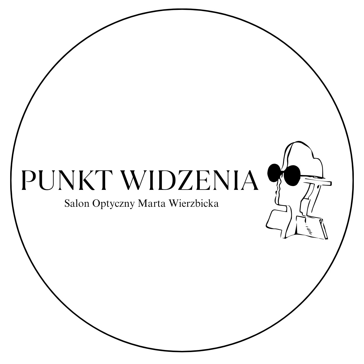 Logo salonu optycznego 'Punkt Widzenia Marta Wierzbicka' z minimalistyczną grafiką osoby w okularach, umieszczone w okręgu na białym tle.