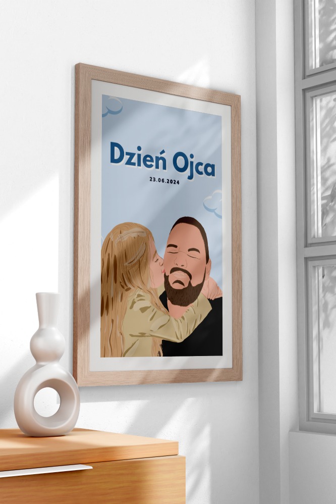 Ilustracja w ramce: córka całuje ojca w policzek. Grafika w stylu płaskim z napisem 'Dzień Ojca 23.06.2024'. Dekoracja wnętrza, nowoczesny wazon obok.