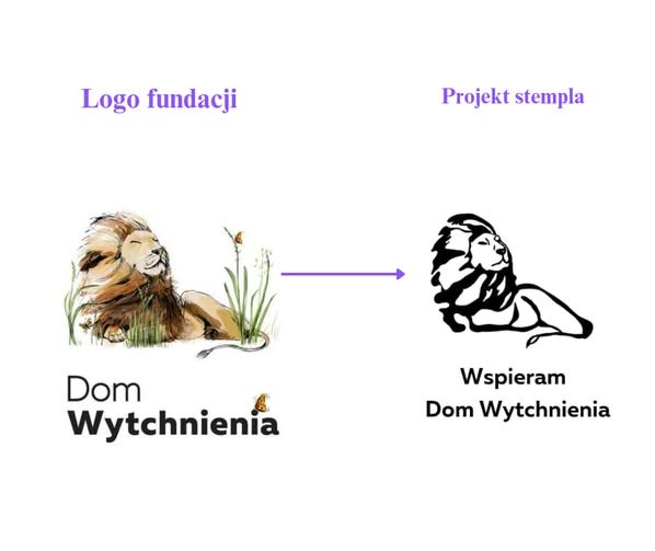 Projekt logo fundacji i stempla z motywem lwa, prezentujący transformację grafiki kolorowej w monochromatyczną, z tekstem 'Dom Wytchnienia'.