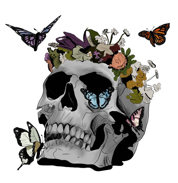 Ilustracja cyfrowa: czaszka w kwiatach, otoczona motylami o różnych wzorach skrzydeł. Czaszka w odcieniach szarości, kwiaty kolorowe, tło białe.