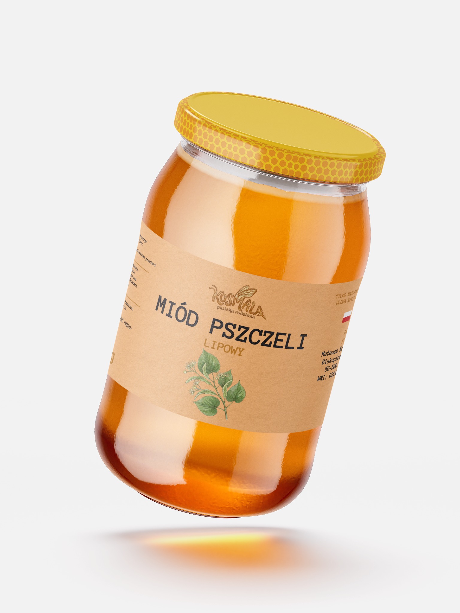 Słoik miodu lipowego z etykietą 'Kosmala pasieka rodzinna' na jasnym tle. Żółta nakrętka z wzorem plastra miodu. Widoczne informacje o producencie i składzie.