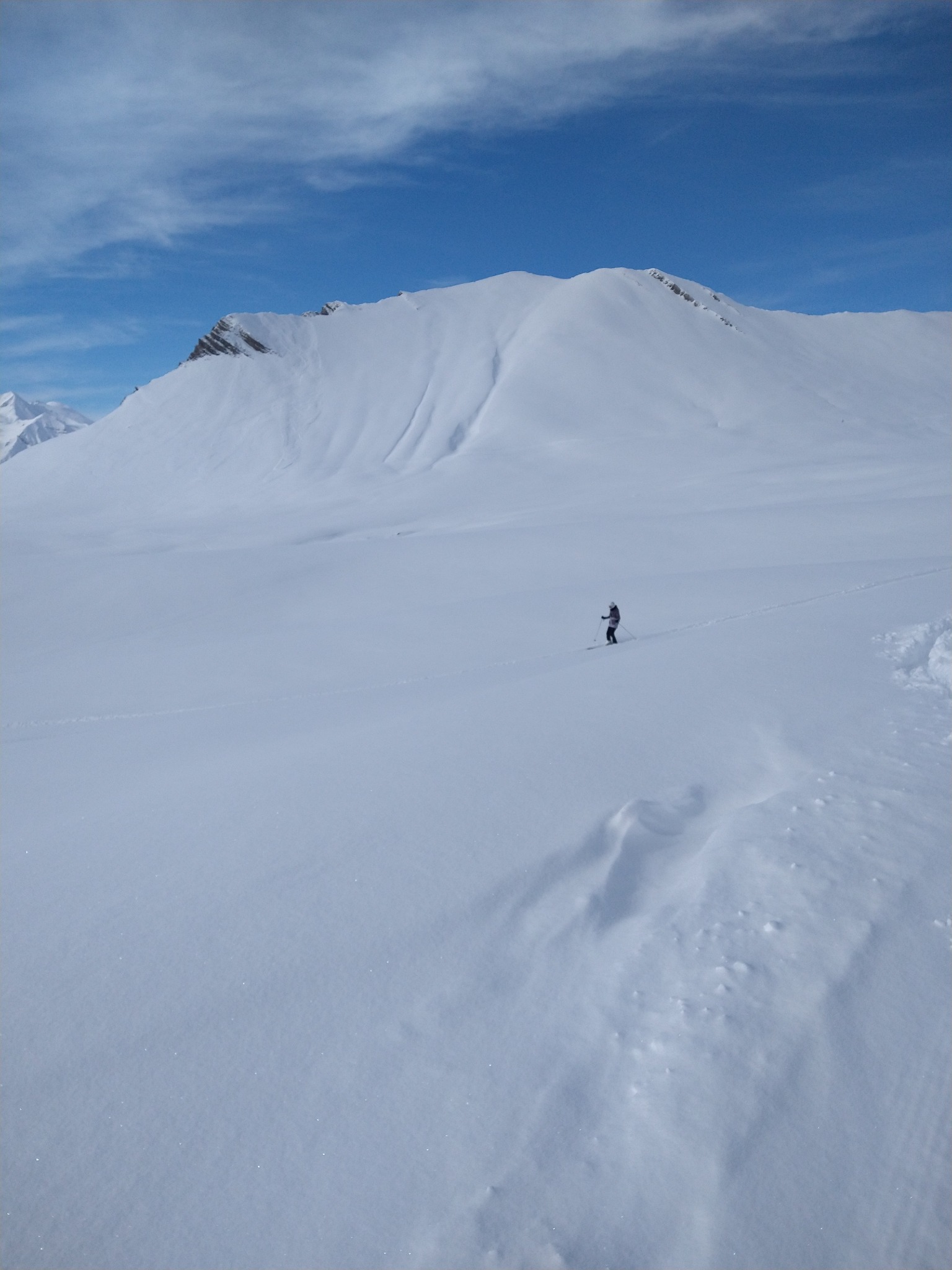 Osoba na nartach skiturowych przemierza rozległe, ośnieżone zbocze górskie w słoneczny dzień.