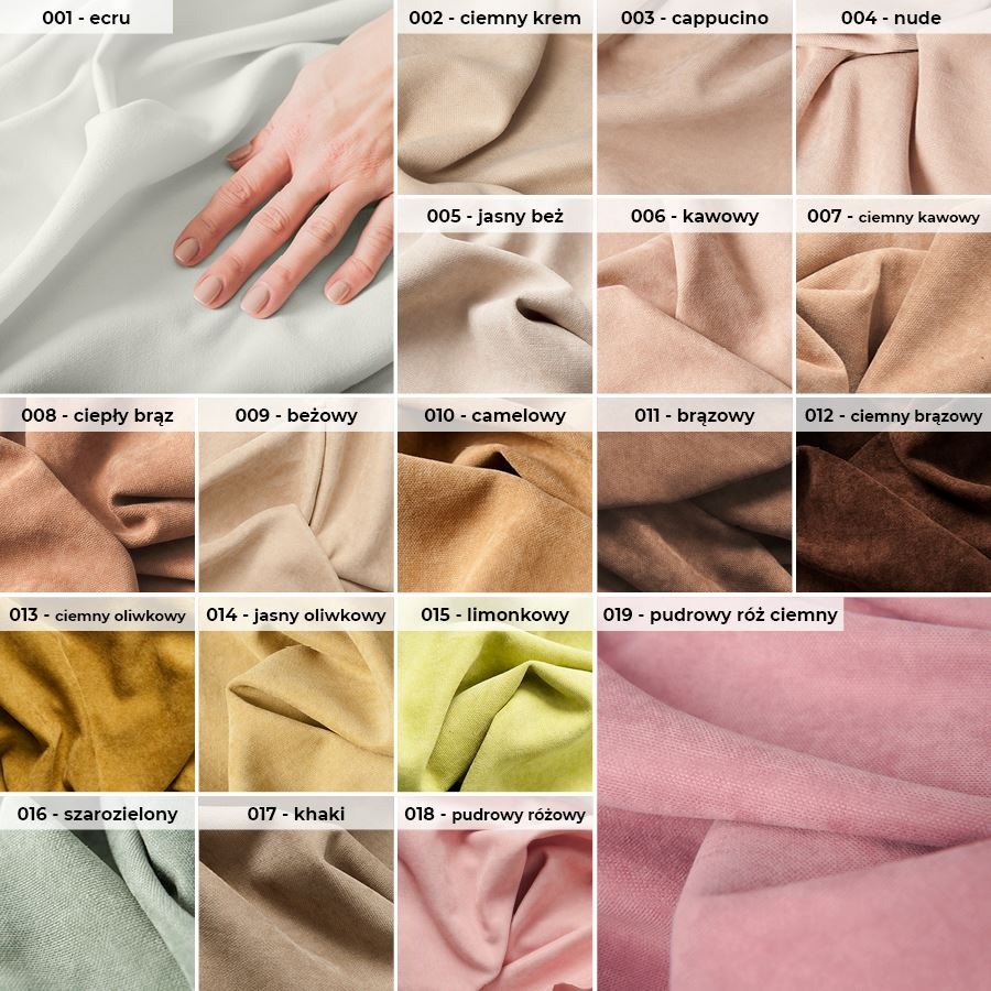 Katalog próbek tkanin w różnych odcieniach beżu, brązu, zieleni i różu, z numerami i nazwami kolorów, prezentowany z dłonią na próbce ecru.