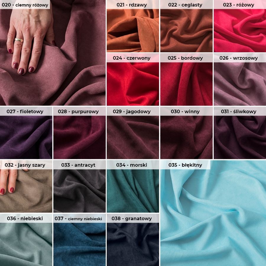 Paleta próbek tkanin w różnych odcieniach, od ciemnego różu po granatowy, z dłonią prezentującą fakturę materiału przy ciemnoróżowym odcieniu.