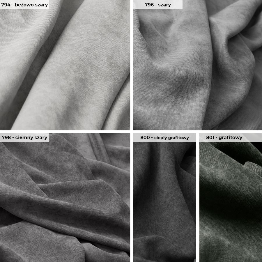 Kolaż pięciu próbek tkanin w odcieniach szarości i beżu, z widoczną fakturą materiału i oznaczeniami kolorystycznymi.
