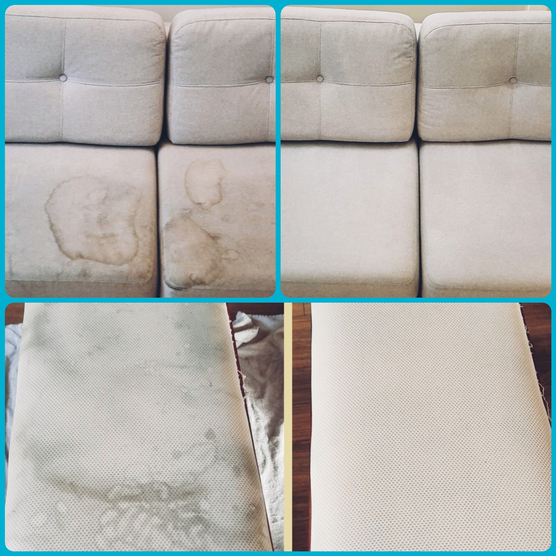 Kolaż przedstawia fragment sofy i siedziska przed i po czyszczeniu, ukazując wyraźną różnicę w wyglądzie tkaniny. Na zdjęciu po lewej widoczne plamy i zabrudzenia, a po prawej czysta, odświeżona...