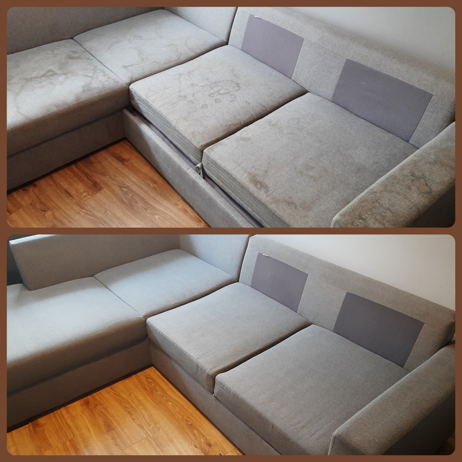 Dwuobrazowe porównanie narożnika: górne ujęcie prezentuje widoczne plamy i zabrudzenia na tapicerce, dolne ujęcie ukazuje ten sam narożnik po czyszczeniu, z odświeżonym i jednolitym kolorem materiału.