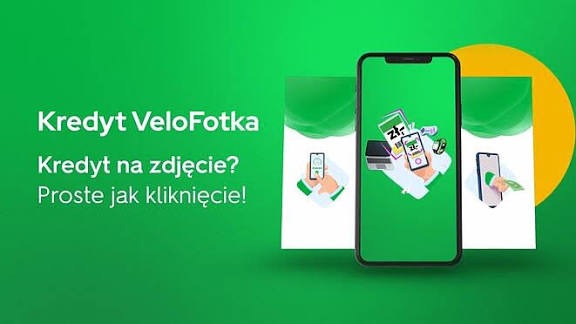 Grafika reklamowa: Kredyt VeloFotka. Kredyt na zdjęcie? Proste jak kliknięcie! Prezentacja aplikacji mobilnej z motywem finansowym na zielonym tle.