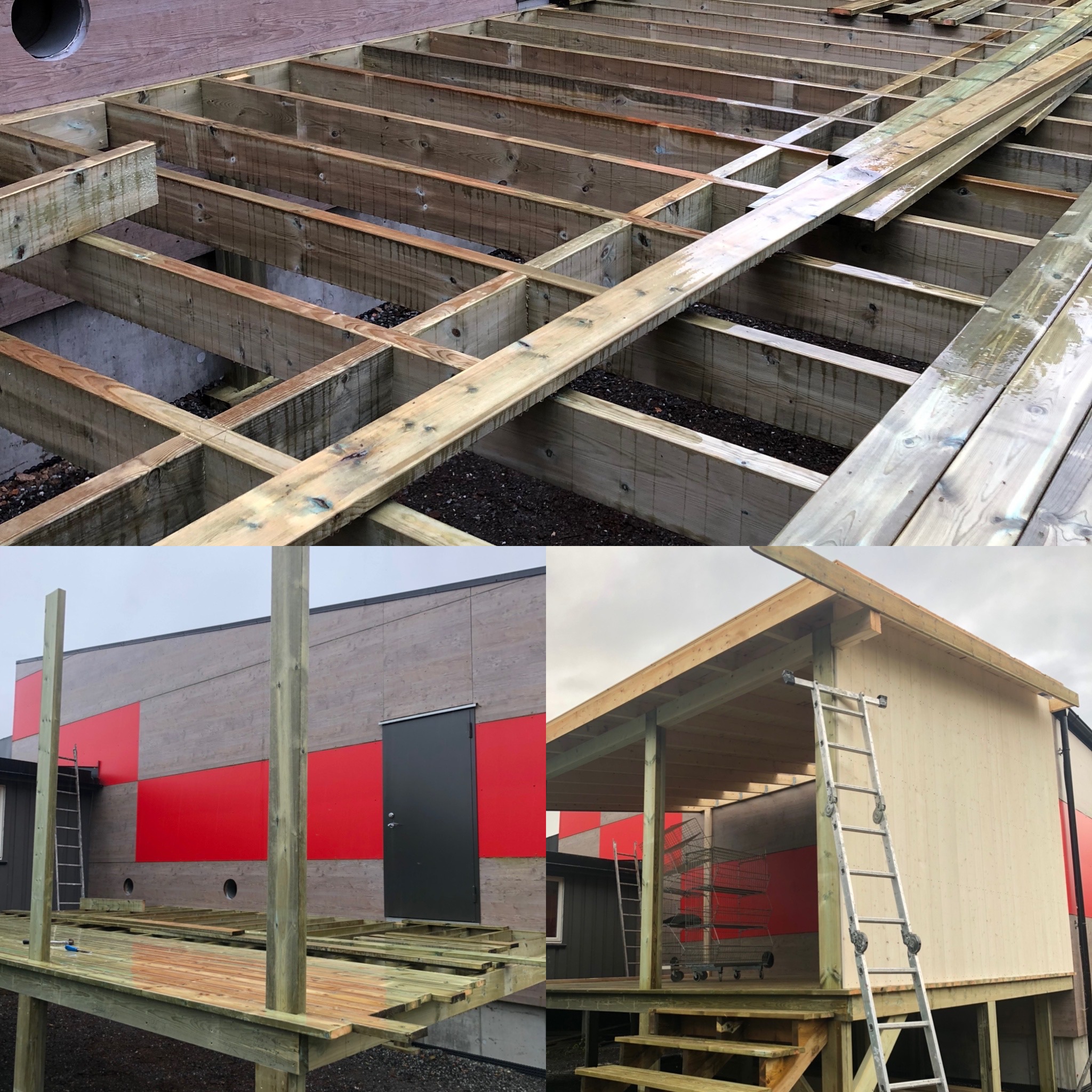Konstrukcja drewnianego tarasu w trakcie budowy, widoczne legary i deski, w tle budynek z czerwonymi panelami i drabina oparta o ścianę.