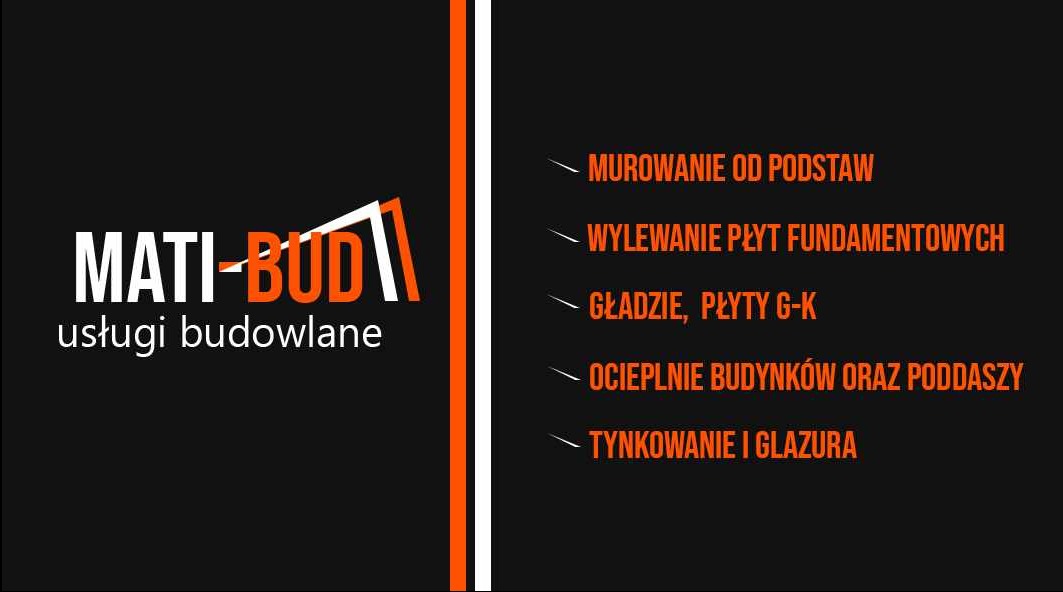 Grafika reklamowa firmy budowlanej MATI-BUD, oferującej usługi murowania, fundamentów, gładzi, płyt G-K, ocieplania budynków i tynkowania, na czarnym tle z pomarańczowymi akcentami.
