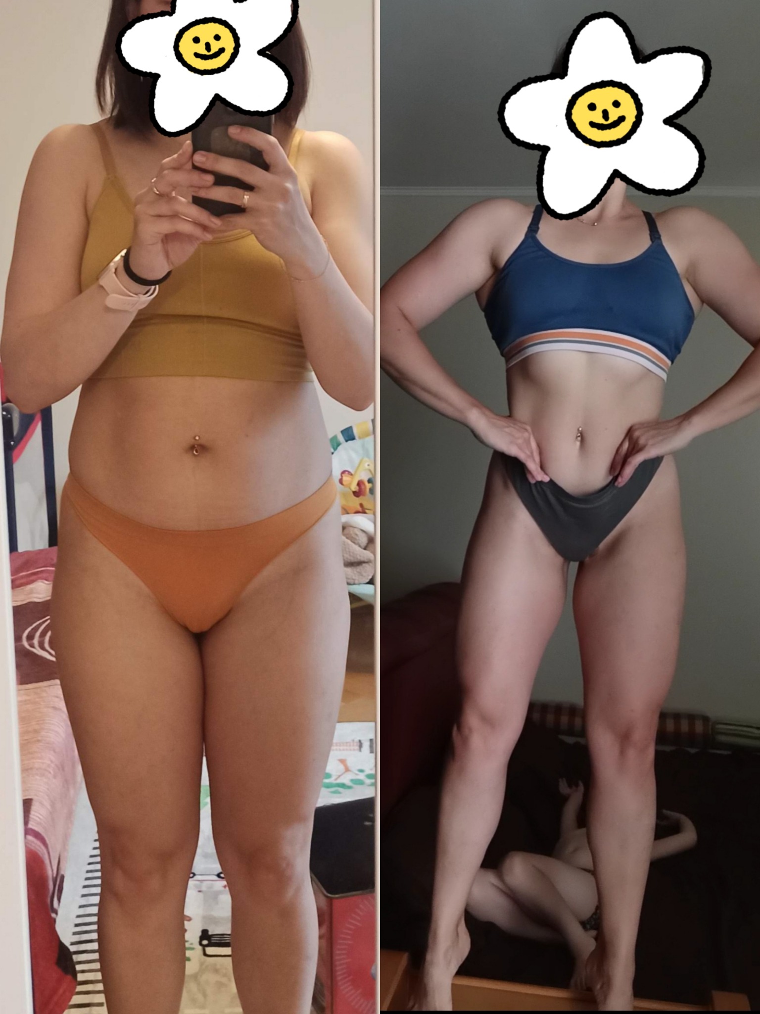 Zdjęcie 'przed i po' przedstawiające metamorfozę sylwetki kobiety, z widoczną redukcją tkanki tłuszczowej i wzrostem masy mięśniowej, ukazane w zbliżonym stroju sportowym na nieprofesjonalnym tle.