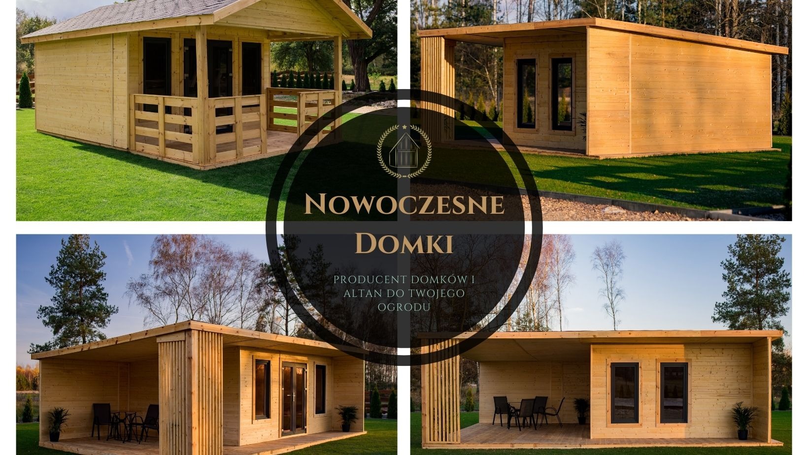 Kompozycja czterech ujęć nowoczesnych, drewnianych domków ogrodowych z płaskim dachem i dużymi oknami, prezentowanych na tle zielonych trawników i drzew, z centralnie umieszczonym okręgiem...