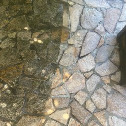 K-BUD Krystian Ujazdowski - Fragment kostki granitowej, widoczna różnica po czyszczeniu: lewa strona pokryta mchem, prawa czysta i mokra. Ujęcie z góry, oświetlenie naturalne.