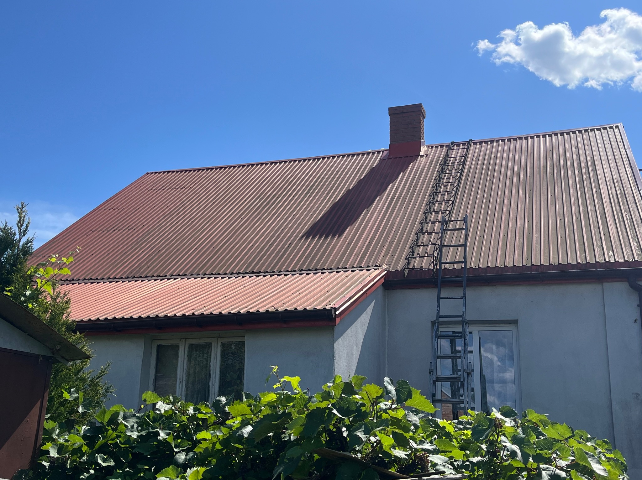 Czerwony dach z blachy falistej, drabina oparta o komin, błękitne niebo z chmurami. Widok na dom z ogrodu, zieleń na pierwszym planie.