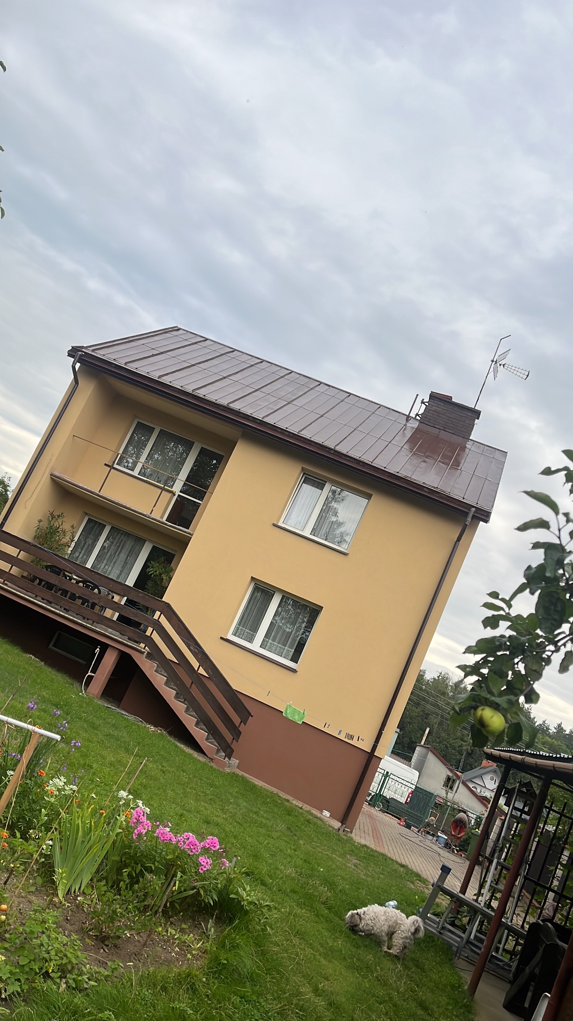 Ukończony, dwukondygnacyjny dom z brązowym dachem i beżową elewacją, widziany z ogrodu. Na trawniku kwiaty i mały pies. Ujęcie pod kątem, pochmurne niebo.