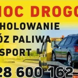 Grafika reklamowa z Ząbkowic Śląskich przedstawiająca lawetę z samochodem osobowym, numer telefonu i hasła: pomoc drogowa, autoholowanie, dowóz paliwa, transport na żółtym tle.