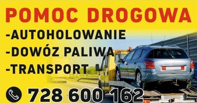 Grafika reklamowa z Ząbkowic Śląskich przedstawiająca lawetę z samochodem osobowym, numer telefonu i hasła: pomoc drogowa, autoholowanie, dowóz paliwa, transport na żółtym tle.