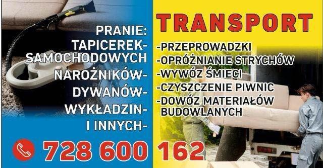Grafika reklamowa firmy oferującej usługi transportowe i pranie tapicerki, dywanów i wykładzin. Po lewej stronie widoczny odkurzacz piorący na tle sofy, po prawej pracownicy w trakcie załadunku...