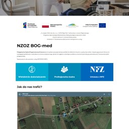 RYCHLAK.DESIGN ROBERT RYCHLAK - Strona internetowa BOG-med: pielęgniarska opieka domowa. Grafika z pielęgniarką pomagającą starszej osobie na wózku. Logo firmy i dane kontaktowe.