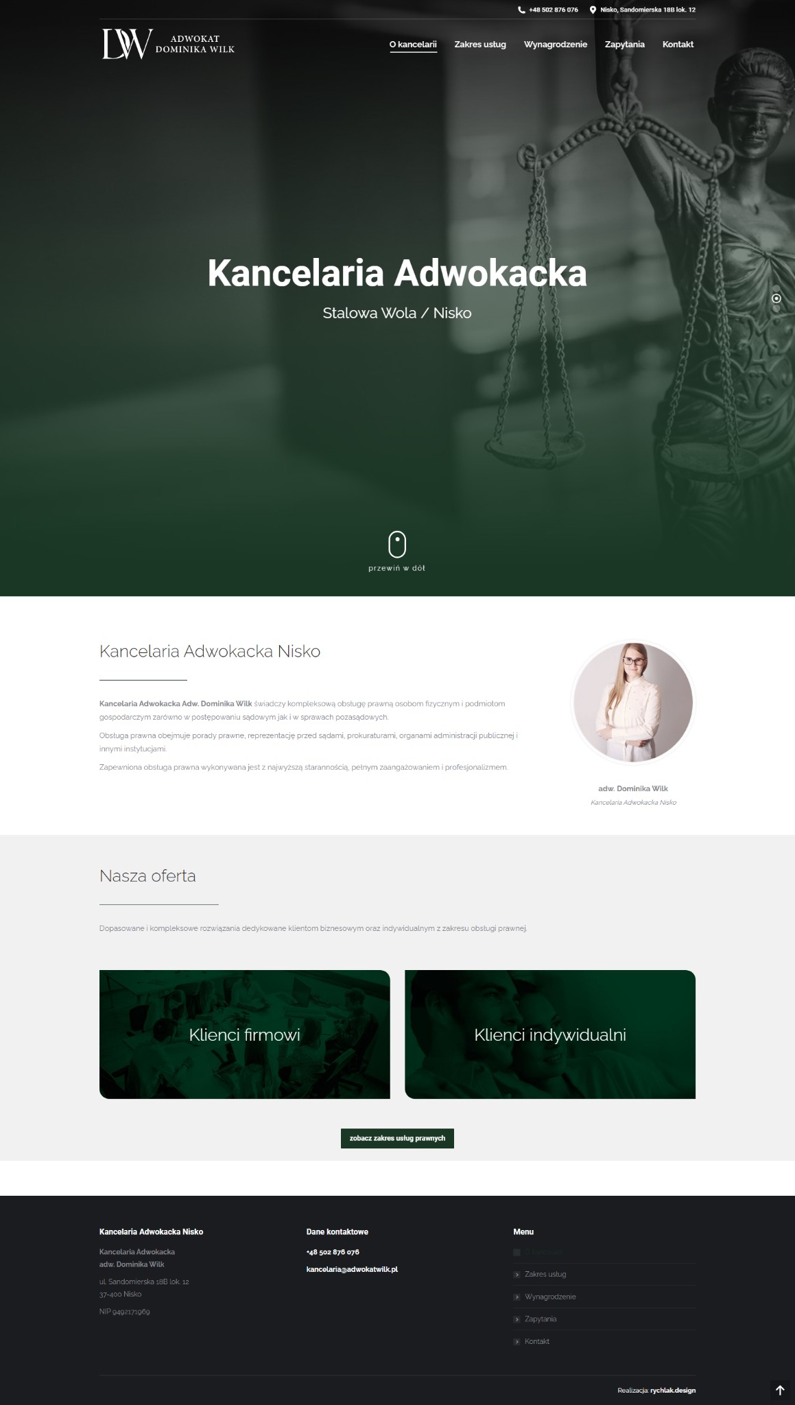 Nowoczesna strona internetowa kancelarii adwokackiej z nazwą, menu i grafiką Temidy. Stonowana kolorystyka, minimalistyczny design, czytelna typografia. Profesjonalny wizerunek online.