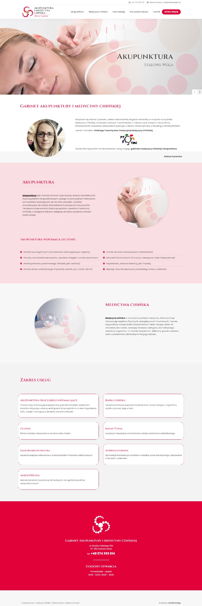 Strona internetowa gabinetu akupunktury i medycyny chińskiej w Stalowej Woli, z informacjami o usługach i danymi kontaktowymi.