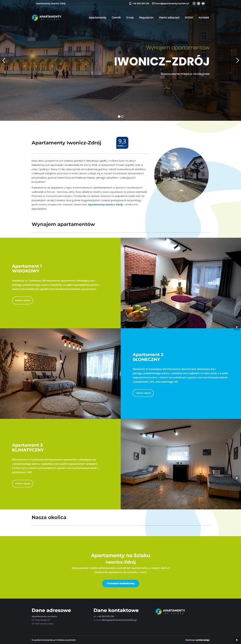 Strona internetowa apartamentów w Iwoniczu-Zdroju. Układ z karuzelą zdjęć, opisem oferty i prezentacją apartamentów z wnętrzami. Stonowana kolorystyka.