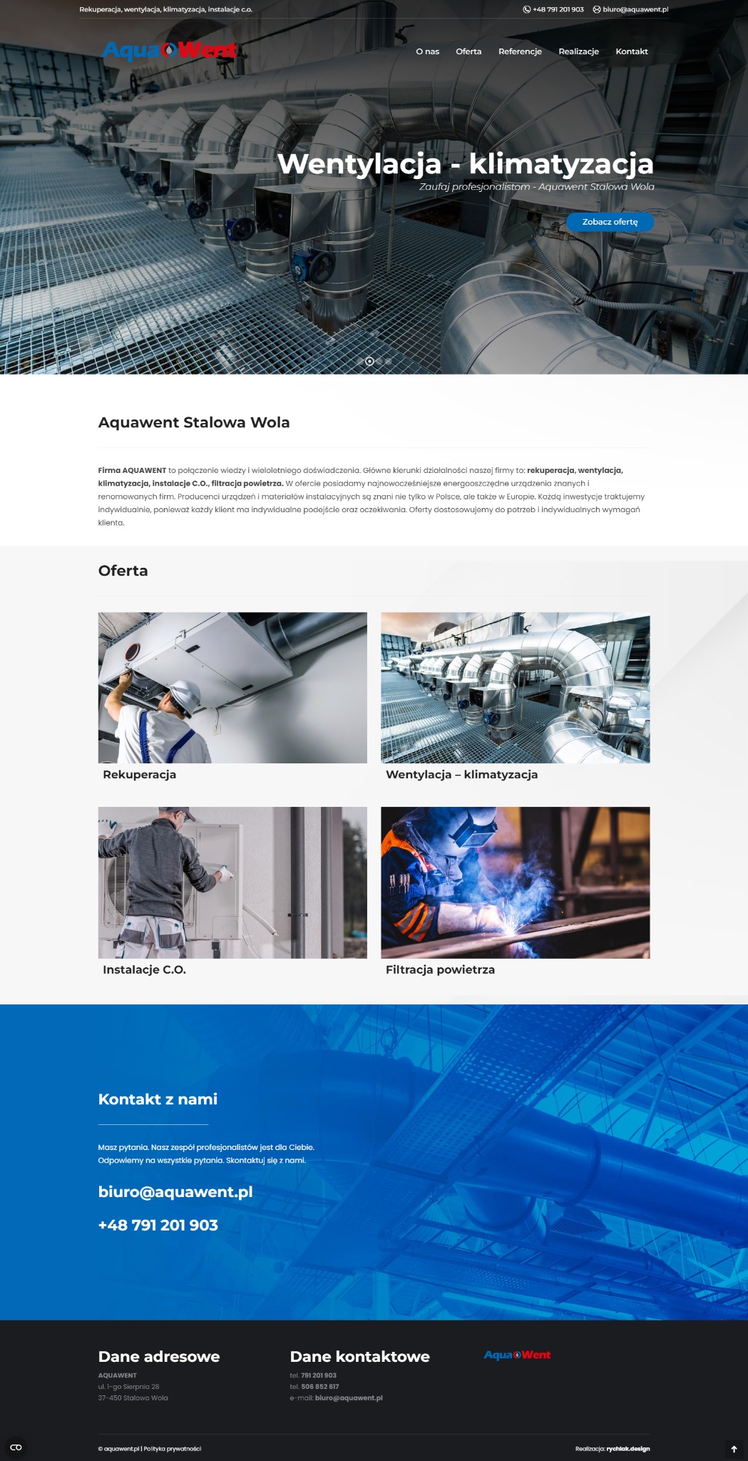 Projekt strony internetowej firmy Aquawent Stalowa Wola. Nowoczesny design z widocznym systemem wentylacji. Dominują błękity i szarości. Zaufaj profesjonalistom.