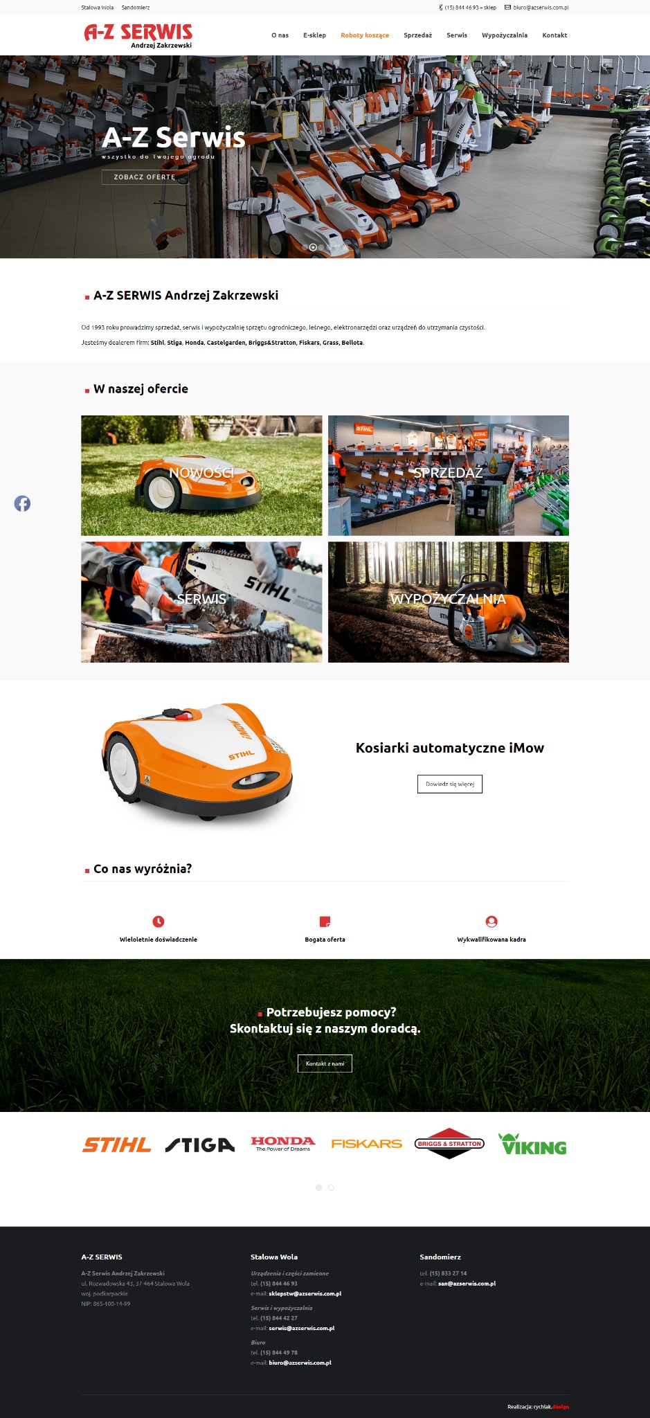 Strona internetowa A-Z Serwis z ofertą kosiarek automatycznych i sprzętu ogrodniczego. Prezentacja produktów Stihl, Stiga, Honda, Fiskars i Viking.