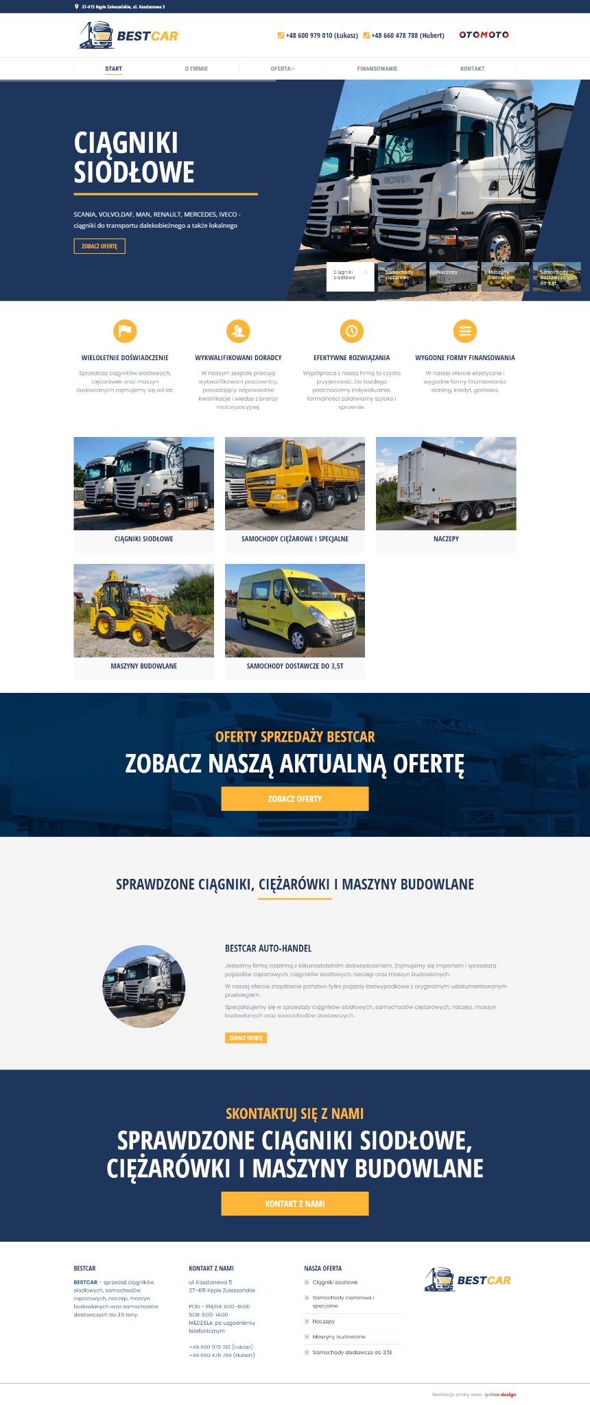 Strona internetowa firmy Bestcar z ofertą ciągników siodłowych, ciężarówek i maszyn budowlanych. Widoczne menu, zdjęcia pojazdów i dane kontaktowe.