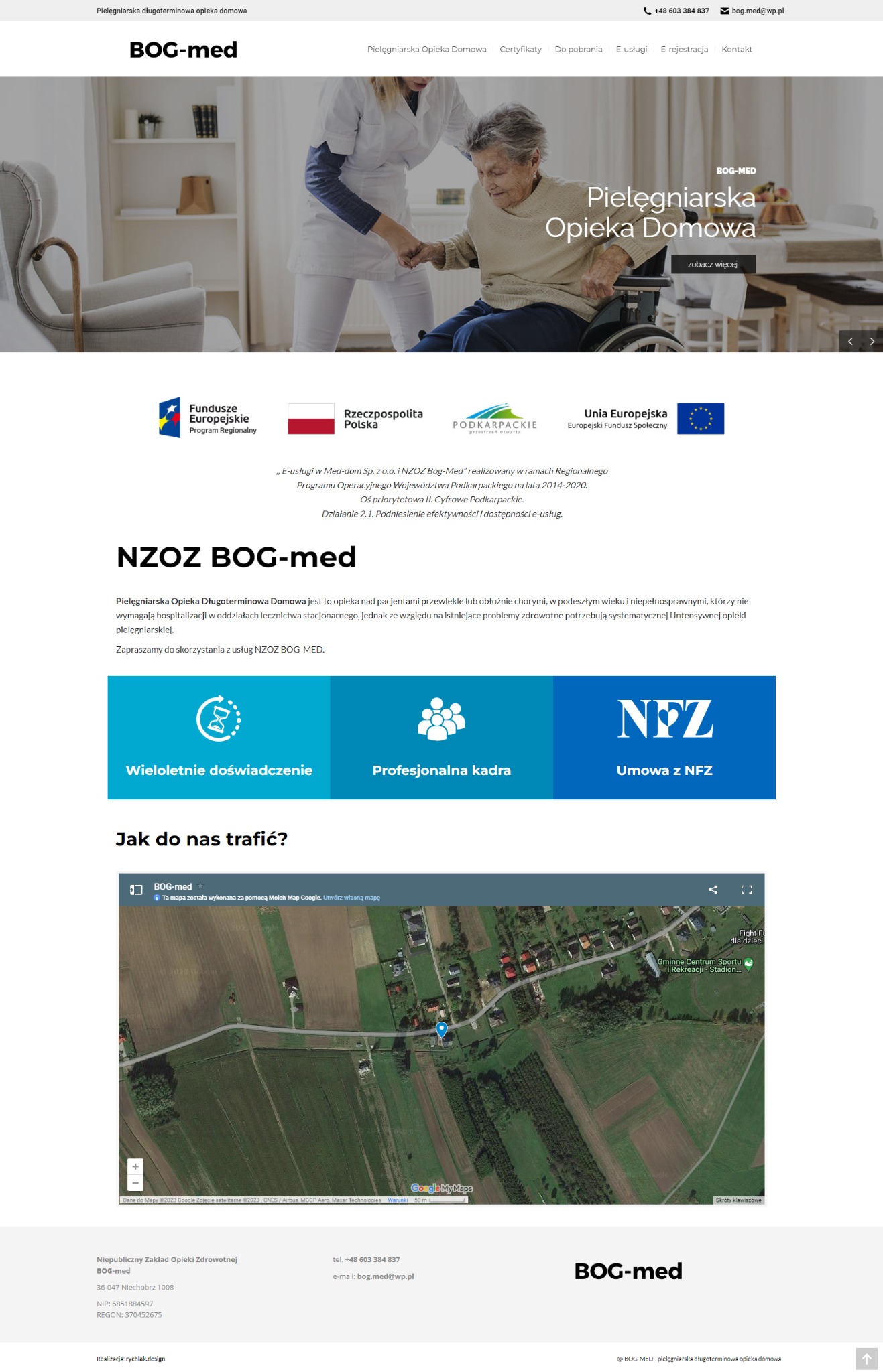 Strona internetowa BOG-med: pielęgniarska opieka domowa. Grafika z pielęgniarką pomagającą starszej osobie na wózku. Logo firmy i dane kontaktowe.
