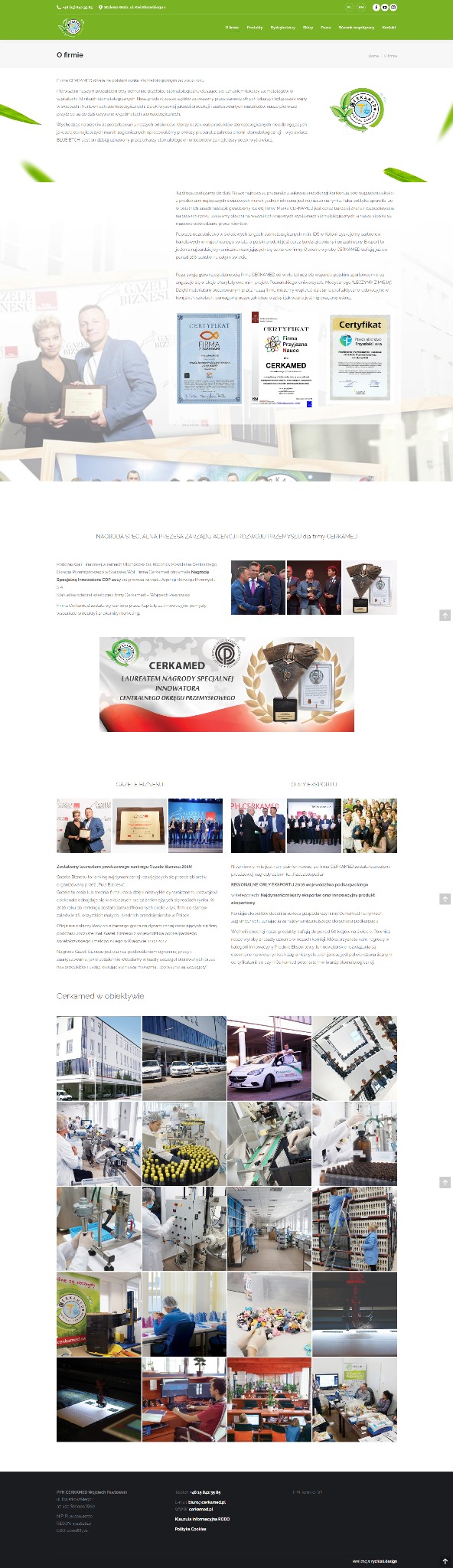 Strona internetowa firmy Ceramed z sekcją 'O firmie', prezentująca nagrody, certyfikaty i zdjęcia z produkcji, ukazująca historię i osiągnięcia firmy.
