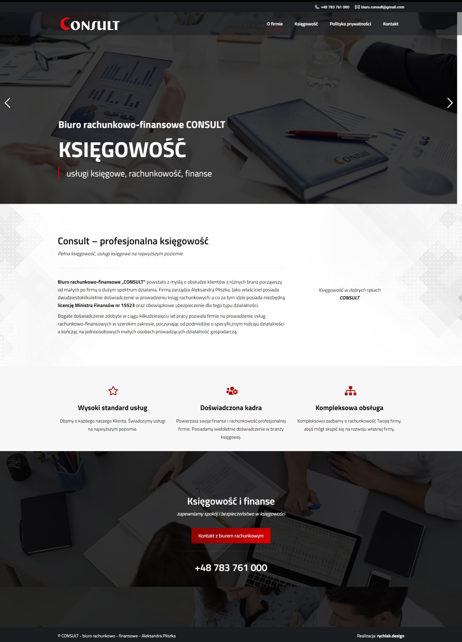 Nowoczesna strona biura rachunkowego CONSULT z nagłówkiem o usłudze księgowości, prezentująca profesjonalizm i doświadczenie w finansach. Czytelny układ, stonowana kolorystyka.