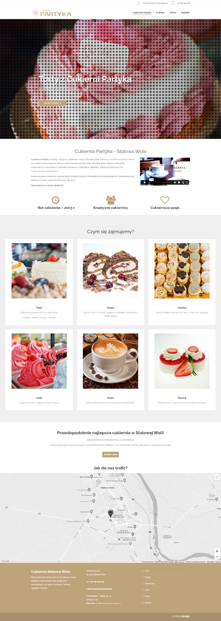 Strona internetowa cukierni Partyka ze Stalowej Woli, prezentująca ofertę tortów, ciast, lodów, kawy i deserów. Mapa dojazdu i dane kontaktowe.