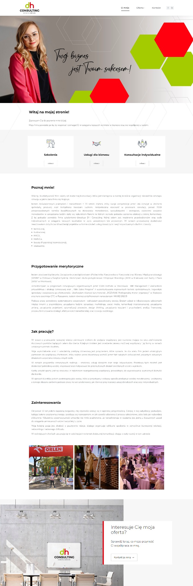 Strona internetowa z wizerunkiem kobiety w różowej marynarce i hasłem: Twój biznes jest Twoim sukcesem! Oferta DH Consulting. Grafika z zielonymi i czerwonymi heksagonami.