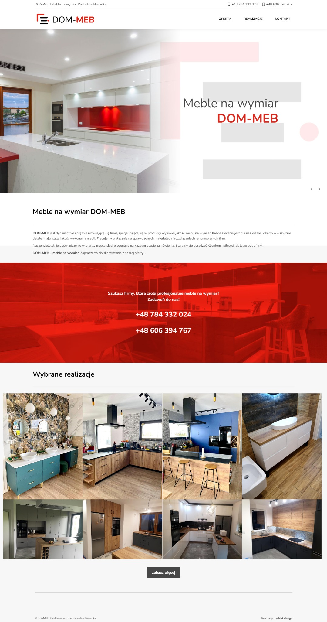 Strona internetowa firmy DOM-MEB z ofertą mebli na wymiar. Widoczna aranżacja nowoczesnej kuchni z białą wyspą i czerwonym panelem nad blatem.