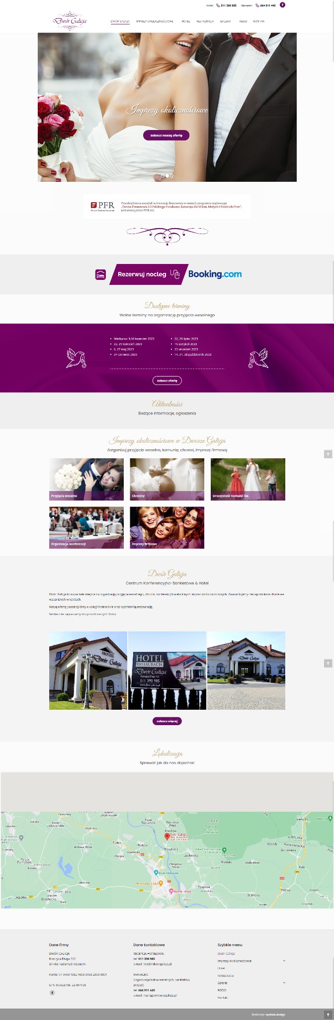 Strona internetowa Dworu Galicja z ofertą organizacji imprez okolicznościowych, w tym wesel. Widoczny nagłówek, menu, slider ze zdjęciem pary młodej i informacje kontaktowe.