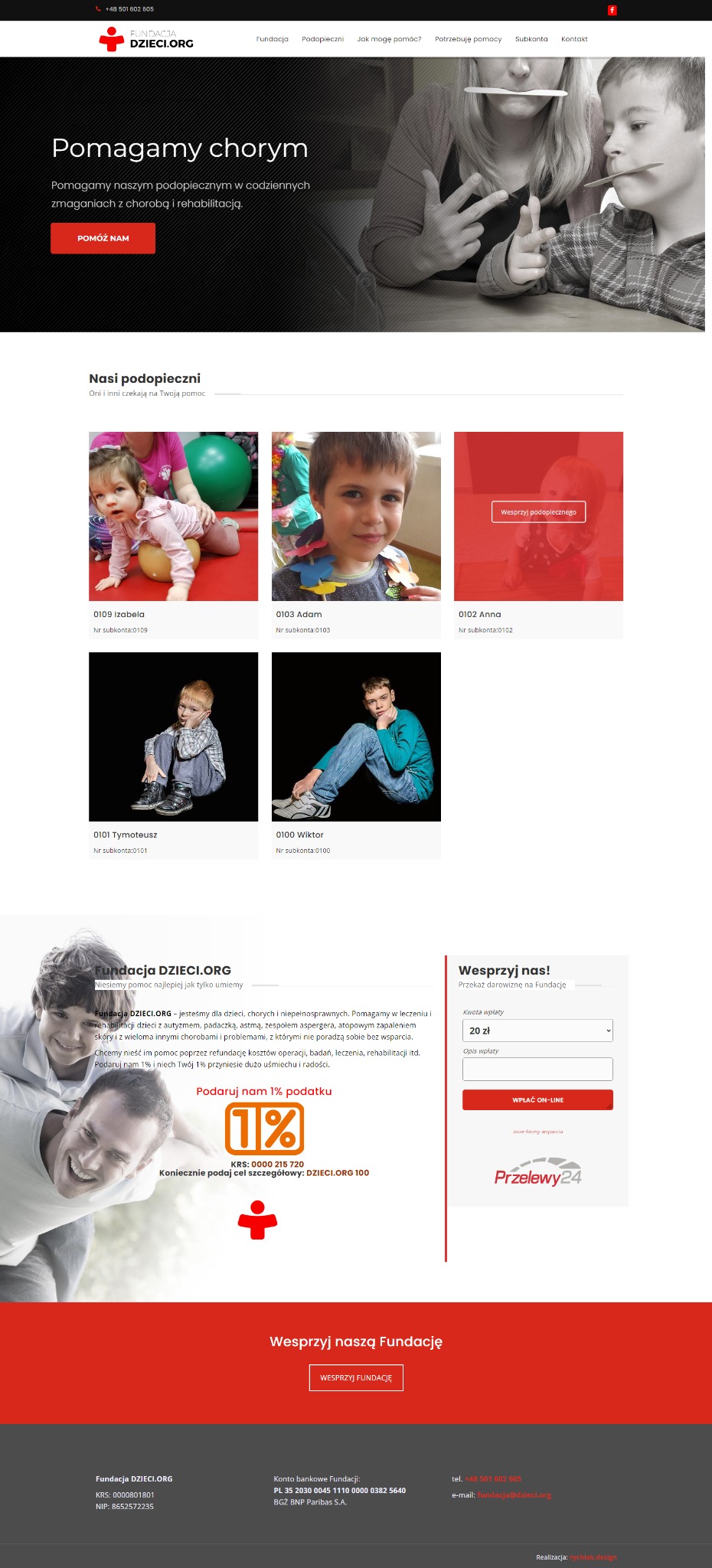 Strona internetowa Fundacji Dzieci.org z sekcją 'Nasi podopieczni', formularzem darowizny i informacją o przekazaniu 1% podatku.