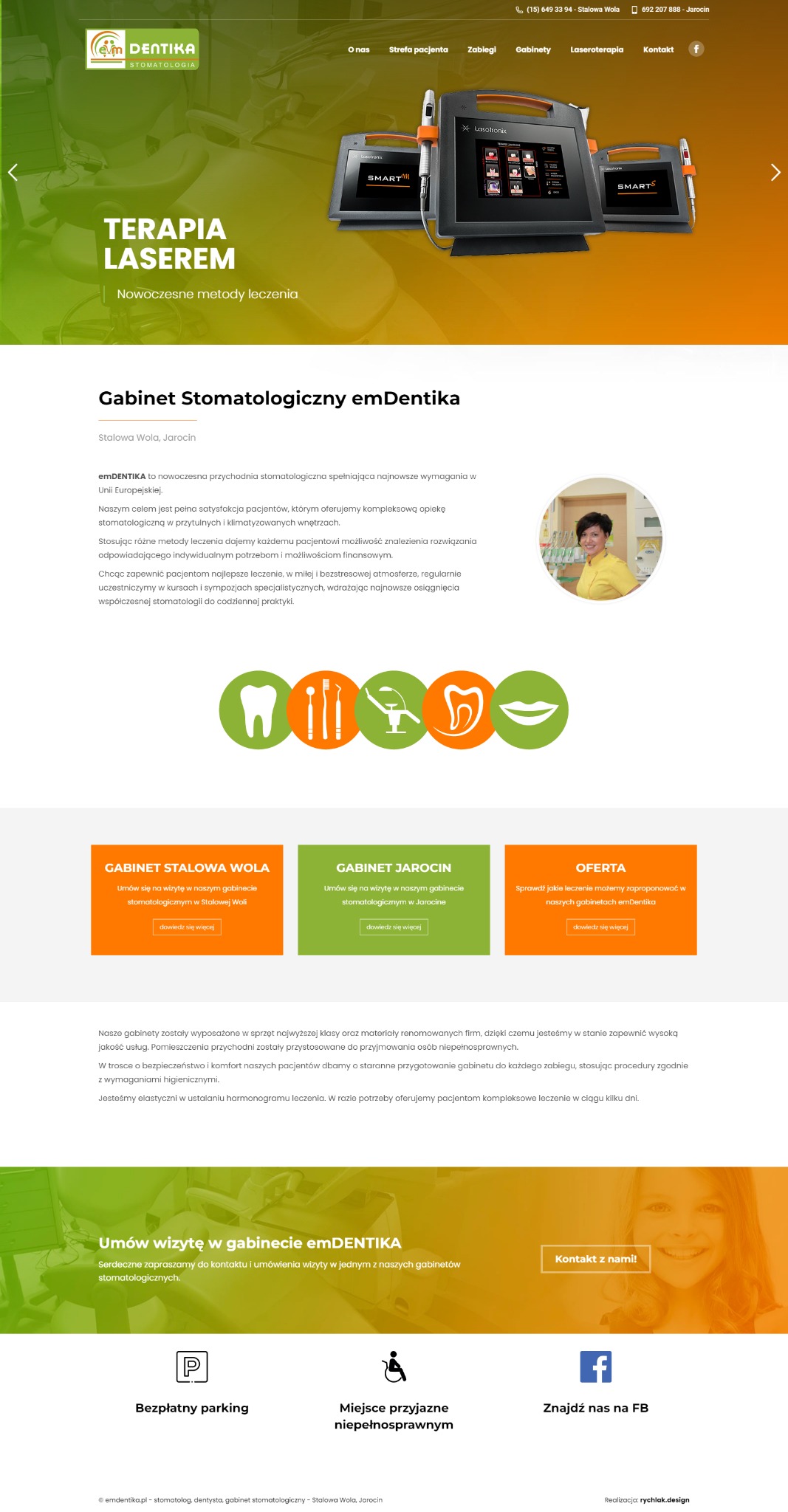 Strona internetowa gabinetu stomatologicznego emDentika, prezentująca terapię laserem i nowoczesne metody leczenia. Widoczne logo, urządzenia i informacje o gabinetach.