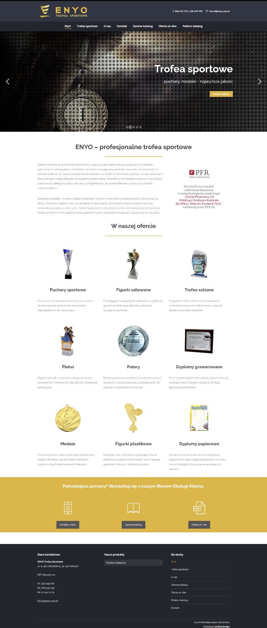 Strona internetowa firmy Enyo Trofea Sportowe prezentuje ofertę pucharów, medali i trofeów sportowych. Widoczne menu, oferta i dane kontaktowe.