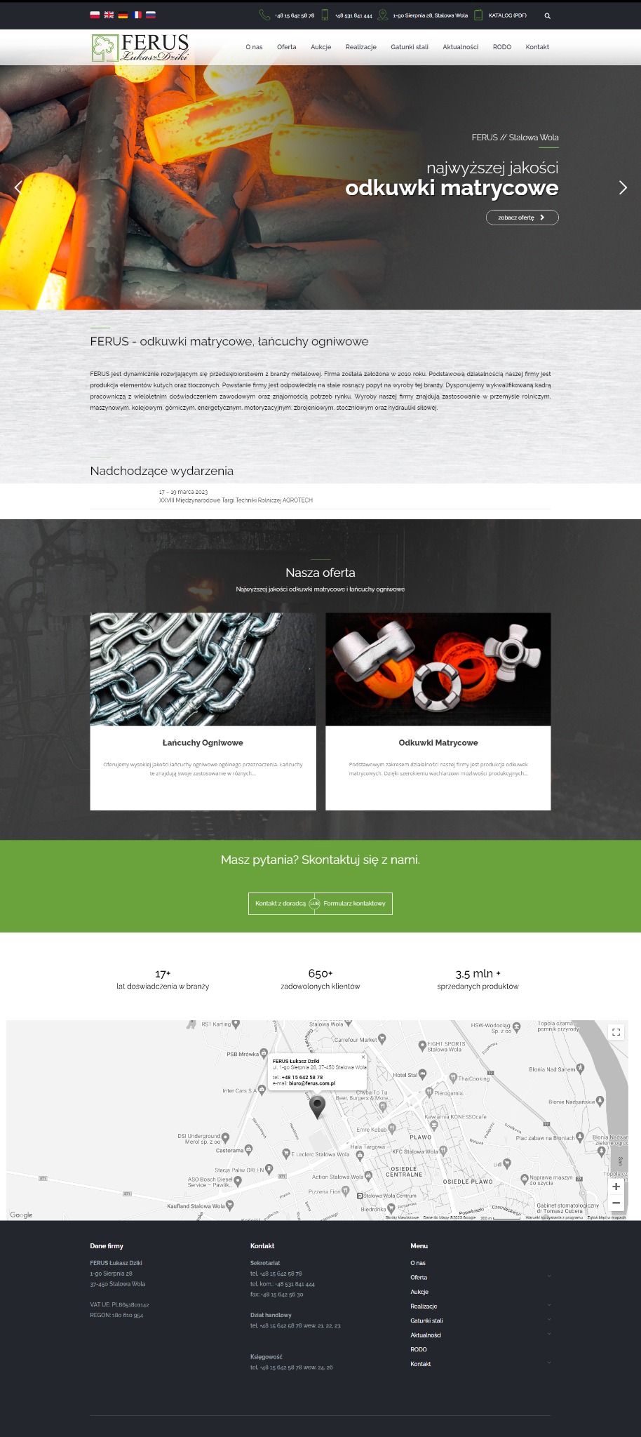 Strona internetowa firmy Ferus ze Stalowej Woli, prezentująca ofertę odkuwek matrycowych. Widoczne logo, menu nawigacyjne i fragment grafiki z nagrzanymi elementami.