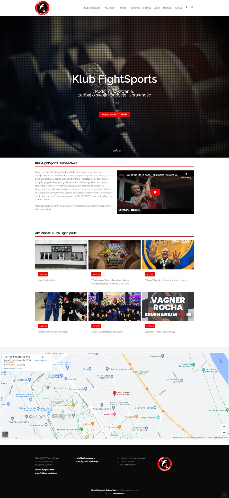 Witryna FightSports Stalowa Wola: logo, menu, slider z hasłem 'Podejmij wyzwanie', aktualności, mapa dojazdu i stopka. Nowoczesny design z elementami sportowymi.