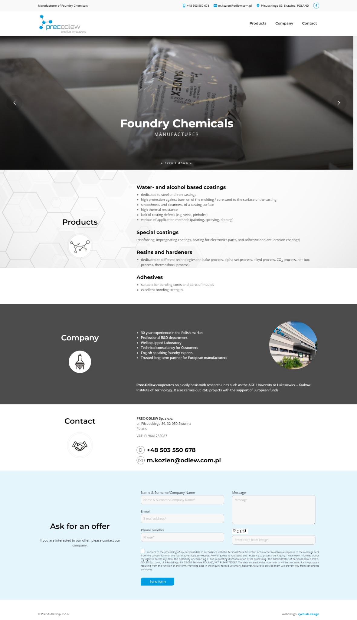 Zdjęcie worka z chemikaliami odlewniczymi firmy Prec-Odlew na stronie internetowej. Widoczne logo i hasło 'Foundry Chemicals MANUFACTURER'.