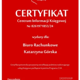 Certyfikat Centrum Informacji Księgowej dla Biura Rachunkowego Katarzyna Górska, potwierdzający pozytywną weryfikację usług księgowych, wydany 18.03.2024.